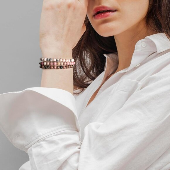 3 PCS 6mm Pink Zebra Jasper Natural Stone Beaded Stretch Bracelet for Gifts - Picture 2 of 6